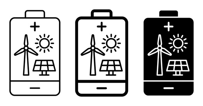 3 Renewable Energy icons solar panel wind turbine, outline solid styles, UI and web interface design