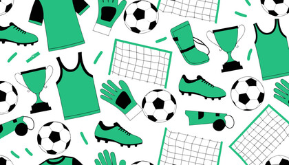 Fototapeta premium Football Soccer Seamless Pattern Flat Vector Background with Balls Boots and Sport Equipment 