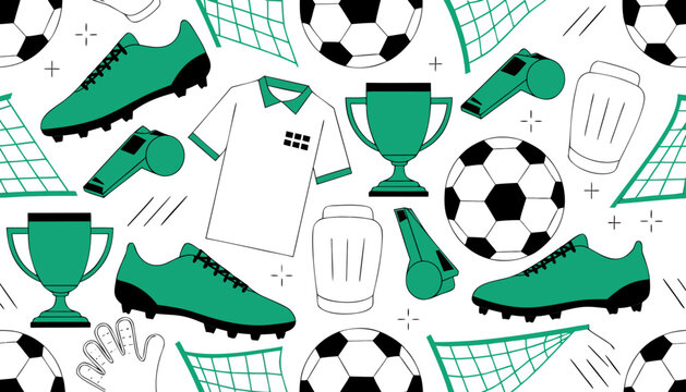 Football Soccer Seamless Pattern Flat Vector Background with Balls Boots and Sport Equipment

