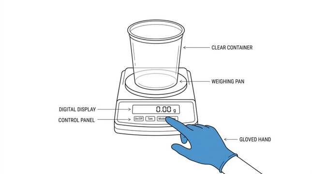 Digital laboratory scale vector illustration with gloved hand pressing control panel button