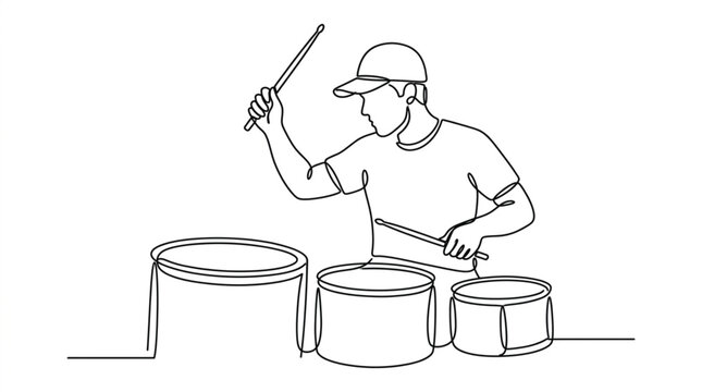 Drummer playing drum kit continuous line art vector illustration of musician performer