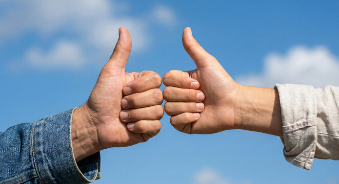 People giving thumbs up in front of blue sky