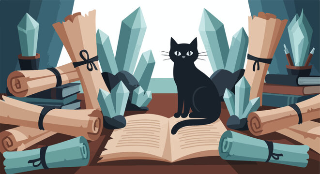 A black cat sits on an open book surrounded by scrolls, crystals, and books