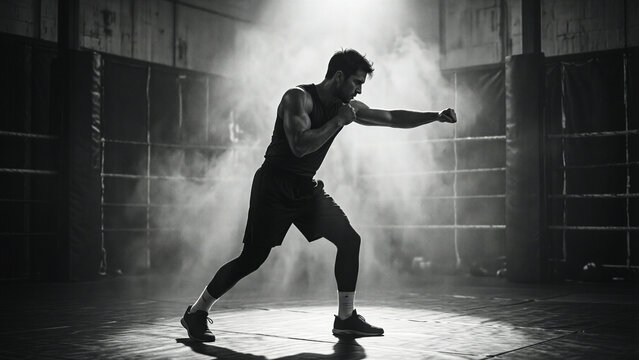 karate aerobics man punching in boxing ring with smoke effect