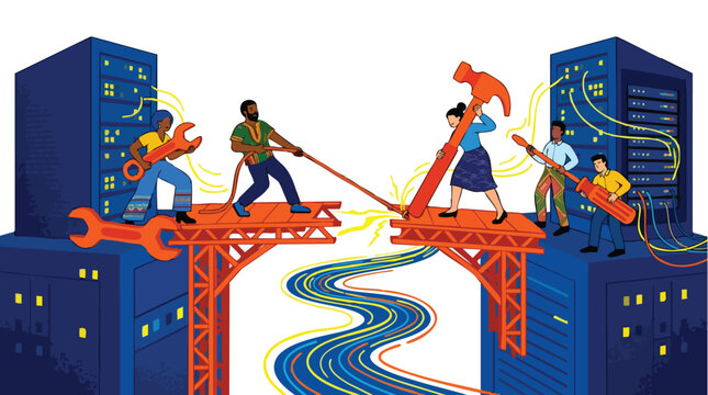 Diverse IT engineering team bridging infrastructure gaps and solving complex digital transformation challenges in a modern data center environment