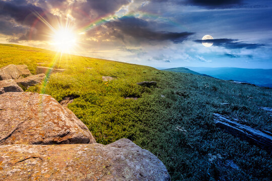 carpathian mountain landscape on summer solstice. day meet night. nice view of a grassy alpine meadow. sun and moon harmony over rock and herbs on the hill. astrology mountain wallpaper with epic sky