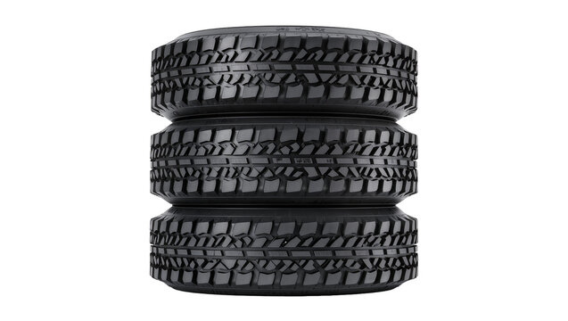 Stack of three black rubber off-road tires with deep treads