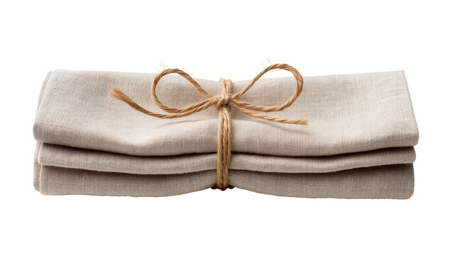 Stack of folded linen napkins tied with jute twine bow