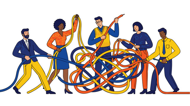 Diverse corporate team collaborating to untangle complex technical infrastructure and streamline business workflows