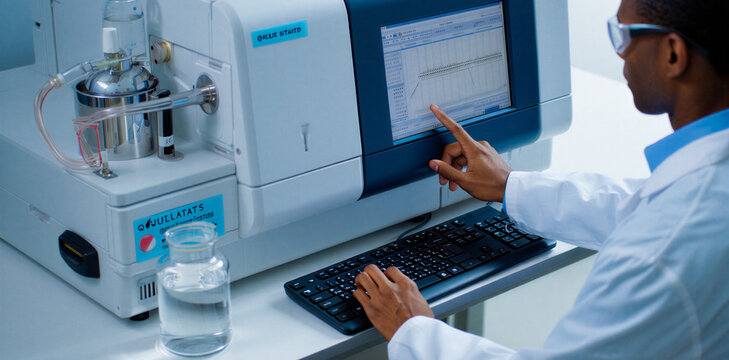 Chemist wearing glasses using a touchscreen computer interface to analyze water sample data on a specialized laboratory liquid chromatography or diagnostic analytical instrument with laboratory