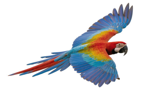 Scarlet Macaw parrot flying with spread wings, vibrant colors