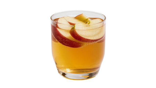 Glass of golden apple cider with apple slices and bubbles