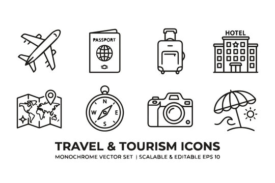 Travel and tourism outline icon set for vacation planning and global travel