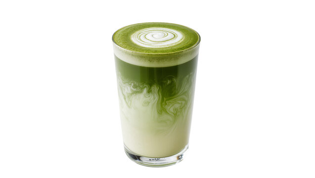 Green matcha latte with frothy milk swirl in tall glass