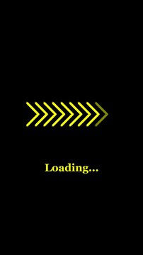 Neon yellow arrow animation with loading text on black background for digital progress display.