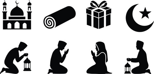 Islamic silhouette icons set, mosque domes, prayer mat, gift box, crescent moon star, worship figures, Ramadan vector illustration © MDTASLIM