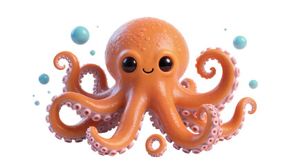 Cute orange octopus with big eyes and pink suckers, surrounded by blue bubbles © Isolde