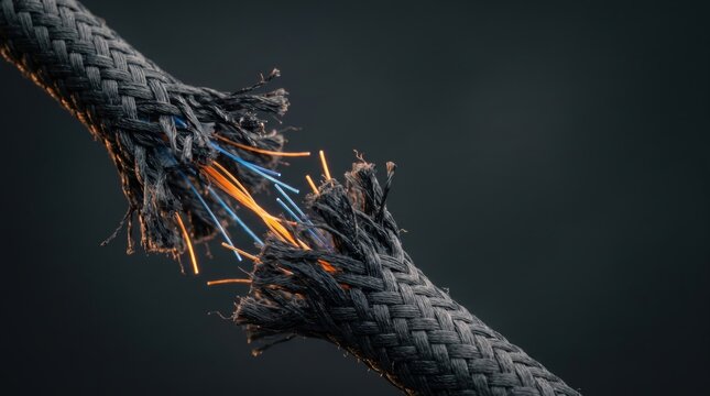 System vulnerability and network breach, frayed glowing fiber optic cable snapping, cinematic dark tech concept