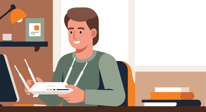Man holding a wireless router in a home office setting