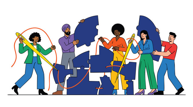 Diverse Multi-Ethnic Professional Team Collaborating on Complex B2B Integration and Strategic Problem Solving