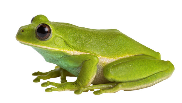 Green tree frog with large dark eyes and white belly