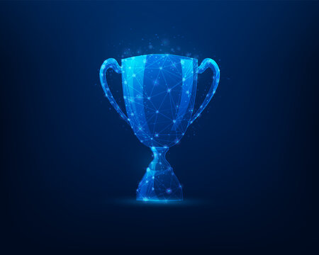 trophy award cup success low poly wireframe on blue dark background. sport champion success concept. vector illustration fantastic technology.