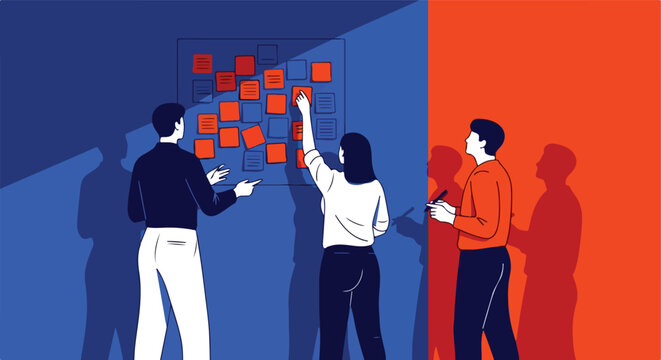 People collaborating on a colorful board with notes