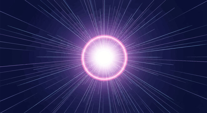 Abstract digital illustration of a bright glowing core with a neon pink circular halo emitting sharp radial light streaks in purple and blue hues against a dark navy background.