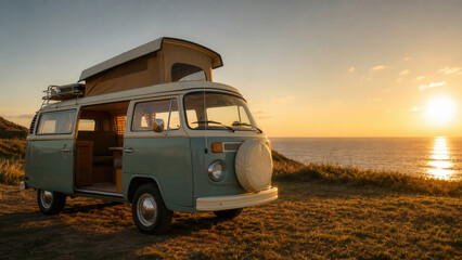 Fototapeta premium Vintage Camper Van Overlooking Ocean Sunset