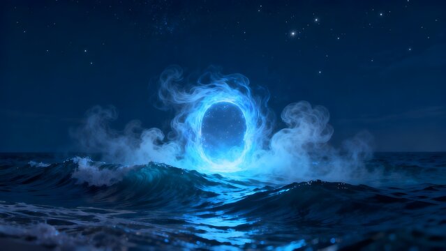 Mystical portal in ocean at night