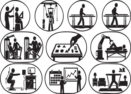 Physical Therapy Rehabilitation Clinic and Patient Medical Recovery Black Silhouette Icon Set