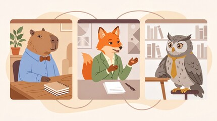 Naklejka premium remote collaboration themes, a whimsical video call featuring a capybara, fox, and owl as coworkers