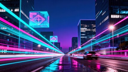Fototapeta premium Neonlit city street at night