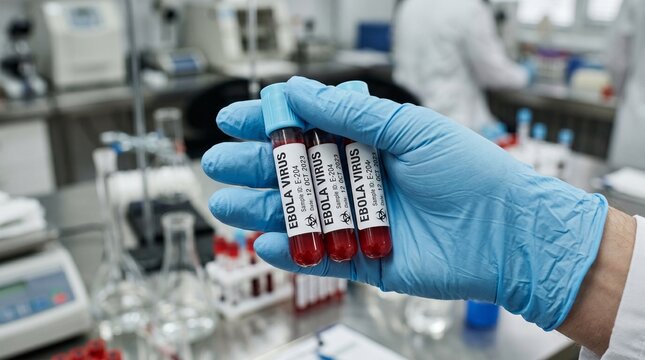 Scientist holding test tubes with blood samples labeled ebola virus