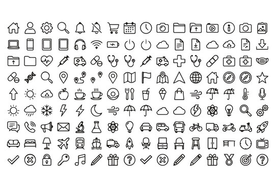 Comprehensive set of black and white thin line universal icons with minimalist