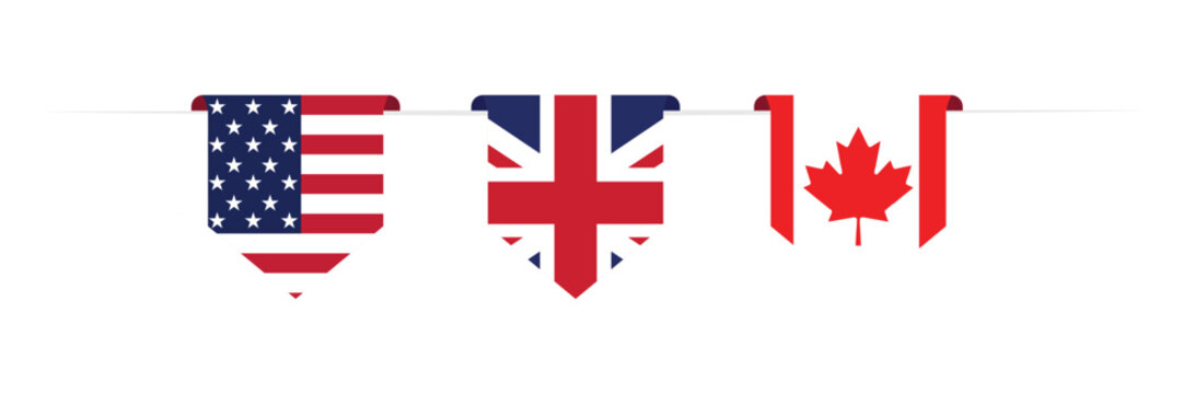 Patriotic Flag Bunting Banner Vector Set with USA UK Canada Flags for Independence Day Celebration Decoration Design