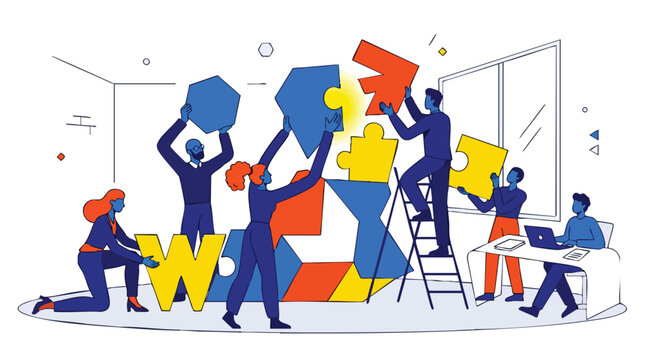 Collaborative cross-functional team building complex business solutions and strategic infrastructure for agile digital transformation projects