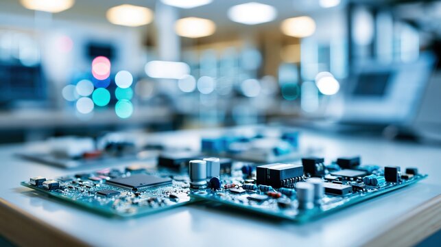 Circuit boards on workbench in clinical engineering laboratory with blurred equipment background