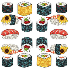 Variety of sushi rolls and pieces 1. © Amanto