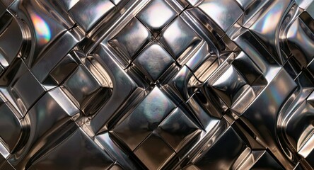 Obraz premium Futuristic metallic quilted geometric blocks with iridescent reflections for modern abstract backgrounds.