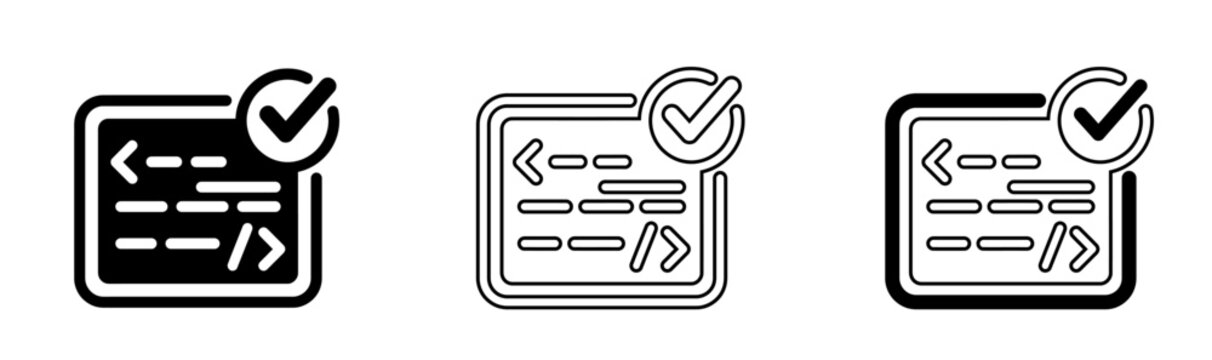 Code verification icons set linear design with checkmark symbol representing successful software development and quality assurance