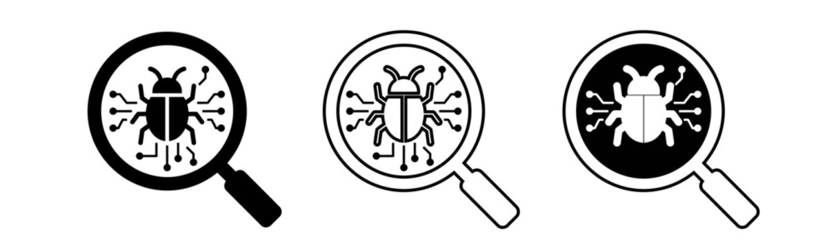 Bug fixing and debugging concept with magnifying glass and insect icons in black and white