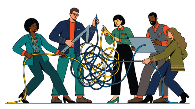 Diverse Strategic Consulting Team Untangling Complex Business Operations to Streamline High-Level Workflows