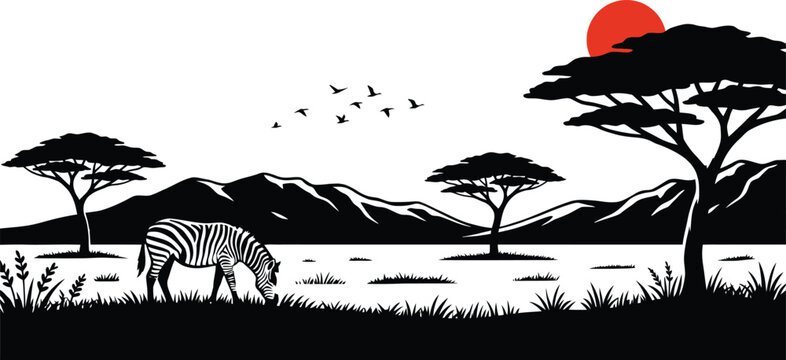 Serene african savannah landscape with zebra grazing at sunset