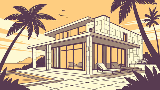 Beachfront modern villa with palm trees and lounge chairs.