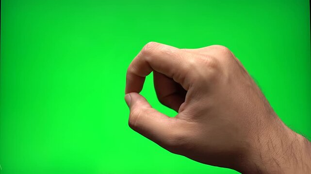 Close up of a hand performing gestures on a green screen background.