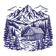 Naklejka premium Rustic wooden mountain cabin in a dense pine forest with snow-capped peaks in the background vintage woodcut illustration style mountain landscape wilderness