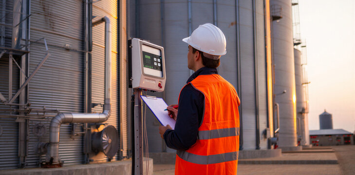 Engineer in safety vest and hard hat checking gauges on industrial silo tank with engineer industrial checking maintenance inspection technician monitoring equipment infrastructure