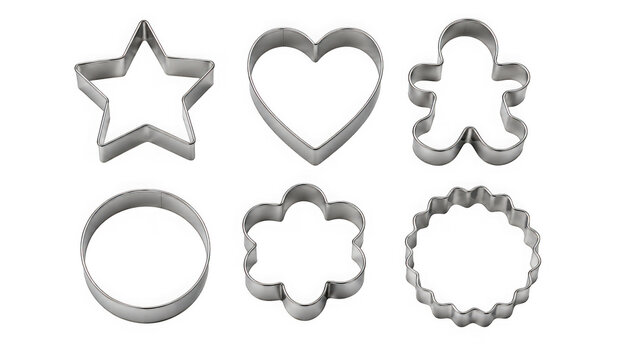 Set of stainless steel metal cookie cutters in various shapes as isolated on transparent background