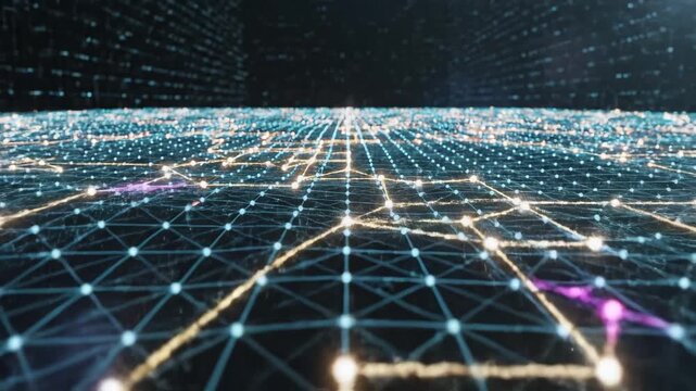Abstract digital network grid with glowing nodes ideal for tech startups and software commercial themes